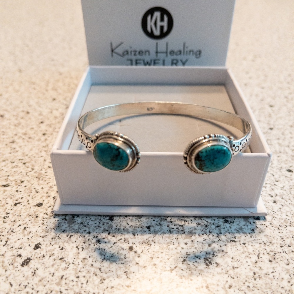 Solid Sterling Silver With Teal Turquoise Bangle - image 1